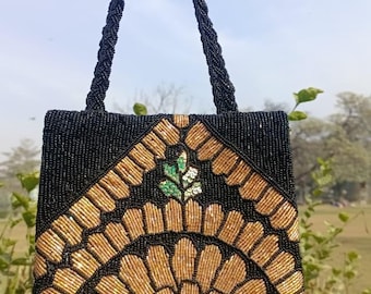Vintage Hand-Beaded Black and Gold Evening Bag | Top-Handle Mosaic Clutch