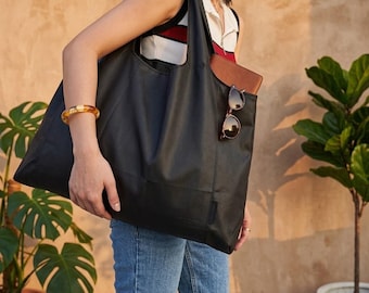 Bolsa de mano plegable de gran capacidad, bolsa de compras reutilizable, bolsa de hombro ligera y plegable con bolsillo, bolsa de mercado ecológica