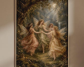 Puede incluir: Una impresión de arte mural rectangular que muestra una pintura de cuatro figuras aladas con vestidos largos y fluidos bailando en círculo dentro de un bosque oscuro y exuberante. La escena está iluminada por luz suave y la luna brillante.