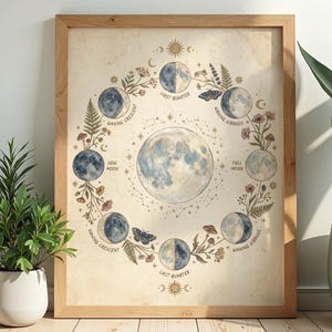 Puede incluir: Una l&aacute;mina de arte mural enmarcada sobre un fondo beige claro que presenta una luna llena central rodeada por una disposici&oacute;n circular de las fases lunares, incluyendo luna nueva, cuarto creciente y cuarto menguante, con ilustraciones bot&aacute;nicas y polillas.