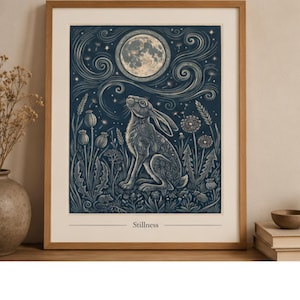 Moonlit Hare Wall Art Print, Woodland Linocut Poster, Nature Decor, Scandinavian Wildlife Gift