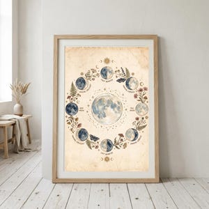 Puede incluir: Una l&aacute;mina de arte mural enmarcada que presenta una luna llena central rodeada por una disposici&oacute;n circular de las fases lunares, incluyendo luna nueva, cuarto creciente, luna llena y cuarto menguante, con ilustraciones bot&aacute;nicas de flores y helechos.