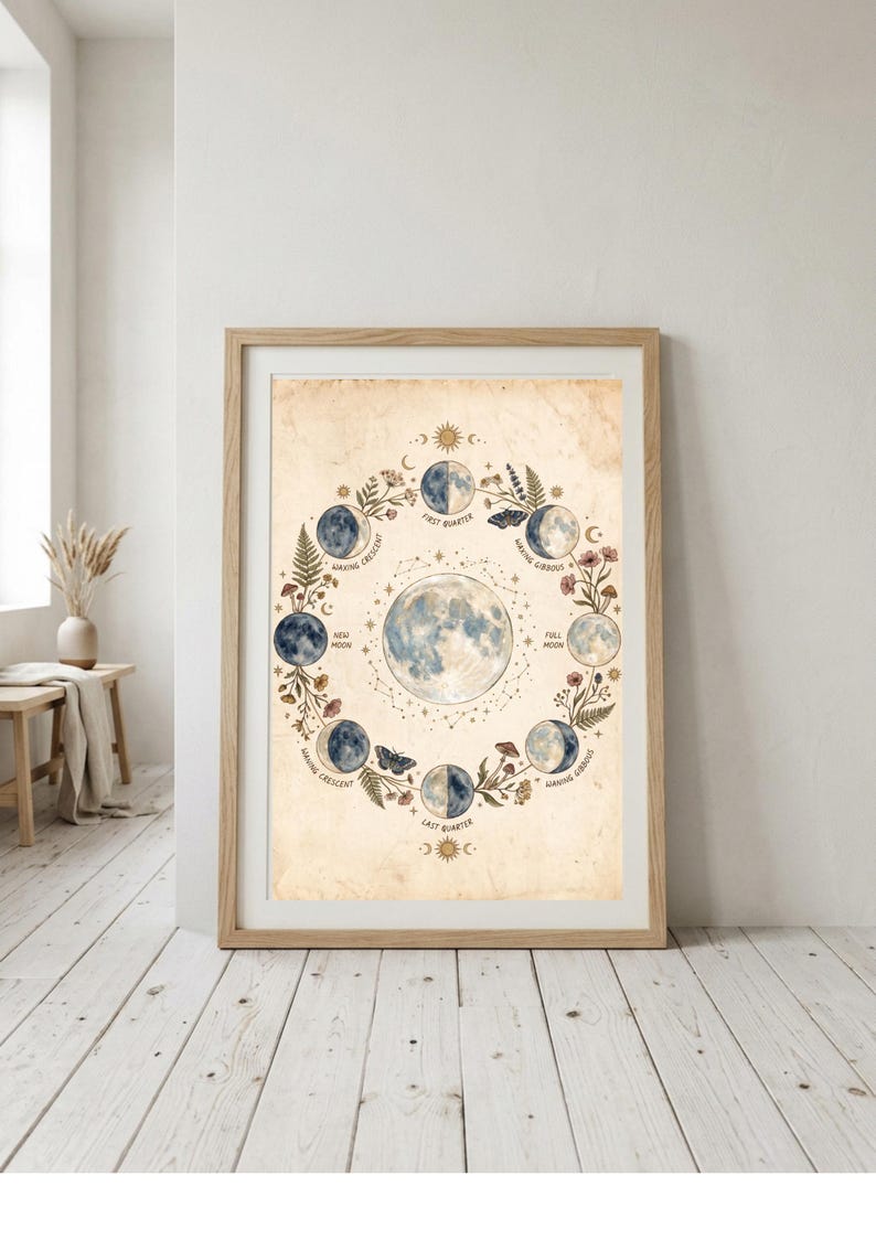 Puede incluir: Una l&aacute;mina de arte mural enmarcada que presenta una luna llena central rodeada por una disposici&oacute;n circular de las fases lunares, incluyendo luna nueva, cuarto creciente, luna llena y cuarto menguante, con ilustraciones bot&aacute;nicas de flores y helechos.