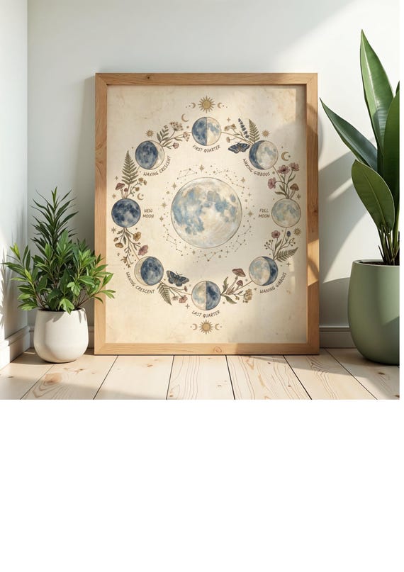 Moon Phase Chart Celestial Lunar Cycle Cottagecore Witch Pagan Wall Art