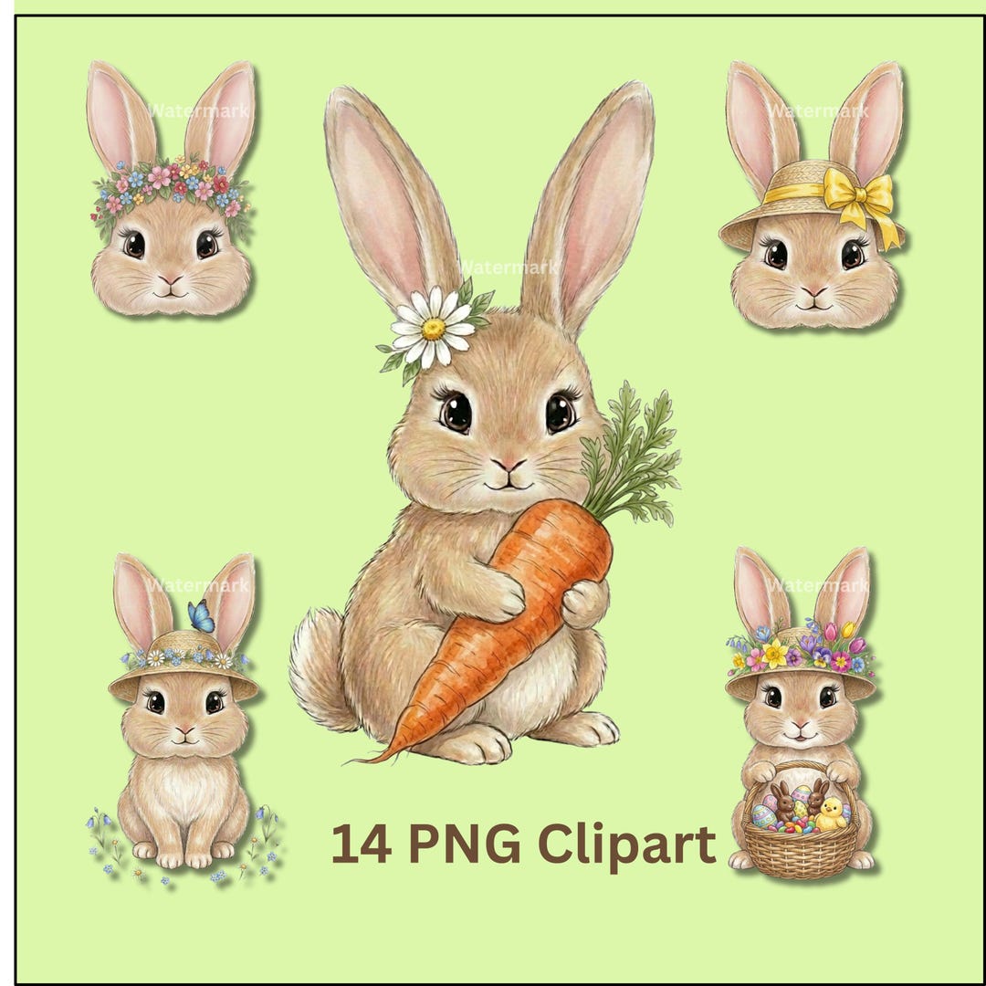 Watercolour Easter Bunny Clipart Bundle, Spring Rabbit PNG (digital ...