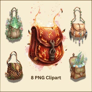 Puede incluir: Ilustraciones de acuarela de bolsos de fantasía. Los bolsos son de varios estilos, incluyendo bolsas de cuero con runas, cestas tejidas con musgo y bolsos adornados con flores y plumas. El texto "8 PNG Clipart" está en la parte inferior.
