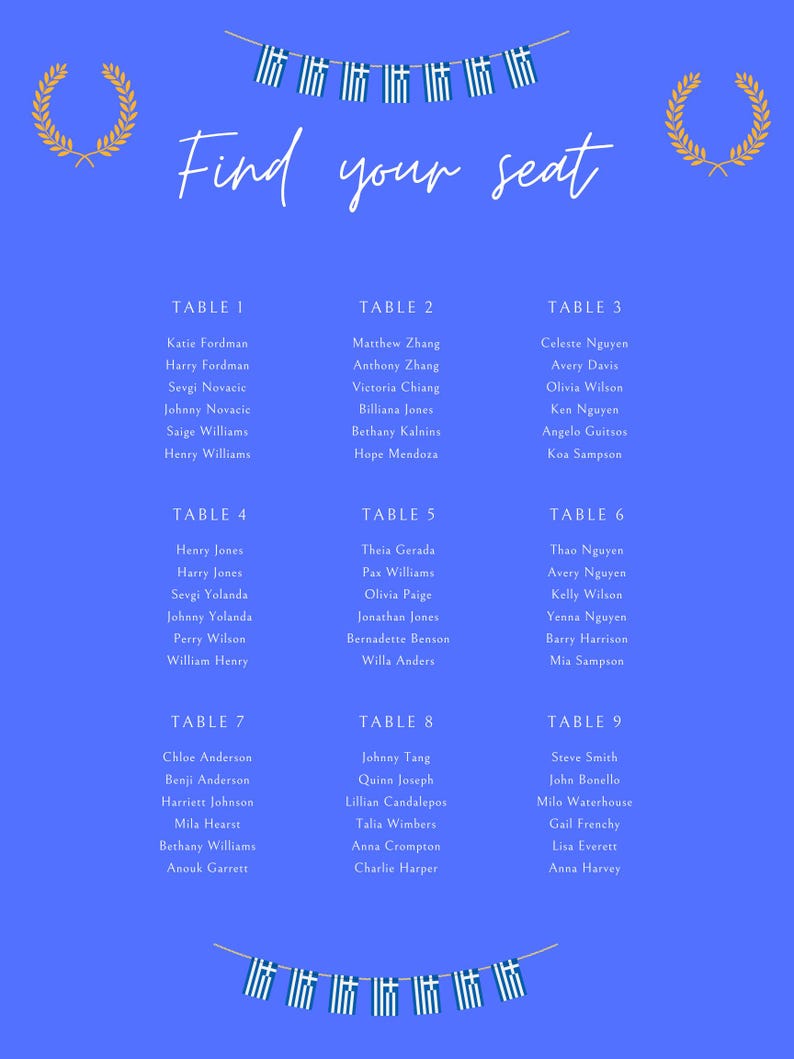 Greek Taverna Seating Chart Template - Etsy