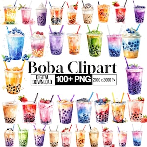 May include: A watercolour illustration featuring numerous boba tea drinks in clear plastic cups with straws. The image showcases diverse flavours and toppings, including strawberries, blueberries, and whipped cream. Text reads "Boba Clipart" and "Digital Download 100+ PNG 2000 x 2000 px."