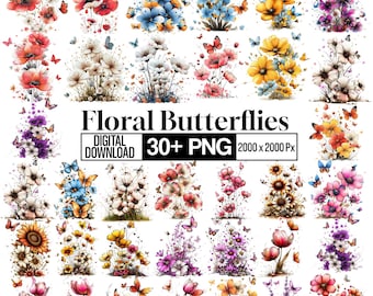 30+ Floral Butterflies Clipart Bundle, Watercolor Butterfly PNG, Flower Butterfly Illustrations, Spring Garden Clipart, Digital Download