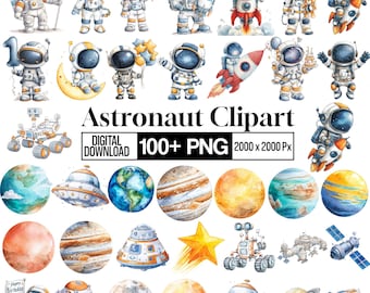 Söt astronaut clipart-paket, rymdfödelsedag png, akvarell rymden, solsystemets planeter, raket clipart, yttre rymden png, digital nedladdning