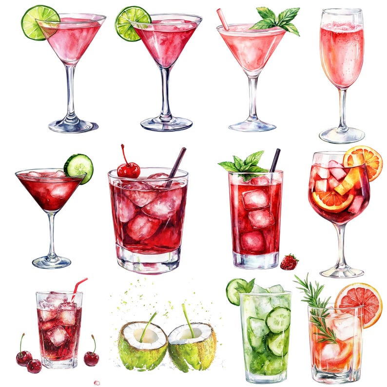 May include: Watercolor illustration of various cocktails in different glasses. The drinks are in shades of red, pink, and green, garnished with fruit, herbs, and ice. The image showcases a variety of cocktail styles, including martinis, highballs, and wine glasses.