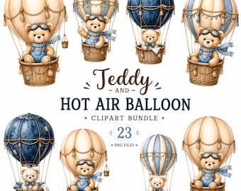 Teddybär- und Heißluftballon-Clipart-Bundle, niedliches Bären-PNG-Set, Illustrationen für Babyzimmer-Abenteuer, verspielte Kindergrafiken, digitaler Download