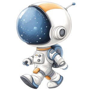 May include: A cartoon astronaut illustration in a walking pose. The astronaut is wearing a white spacesuit with blue and orange accents. The helmet is white and has a blue visor filled with stars. A blue backpack is attached to the back.