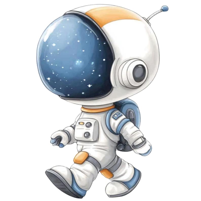 May include: A cartoon astronaut illustration in a walking pose. The astronaut is wearing a white spacesuit with blue and orange accents. The helmet is white and has a blue visor filled with stars. A blue backpack is attached to the back.