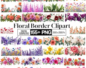 Wildblumen Aquarell Border Clipart Bundle, Blumenrahmen PNG, Nahtlose Blumenränder, Papier Handwerk Junk Journal Design, digitaler Download
