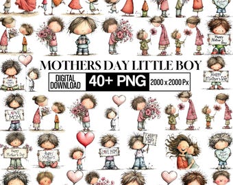 Mom and Son Clipart Bundle, Watercolor Mom and Kids PNG, Little Boy Clipart, Mother’s Day Png, Cute Mama Child Graphics, Digital Download