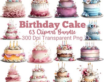 63 Birthday Cake Clipart Bundle, Cute Cake PNG, Party Cake Illustration, Birthday Party Decor, Celebration Design, Digital Download