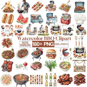 Op de afbeelding: Waterverf clipart met BBQ-thema. Bevat illustraties van grills, eten en mensen die koken. De tekst "Watercolor BBQ Clipart" en "180+ PNG" zijn zichtbaar.