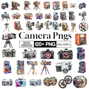 Plus de 120 cliparts appareil photo Png Bundle, clipart appareil photo vintage, Illustration appareil photo rétro, photographe PNG, appareil photo numérique Png, téléchargement numérique