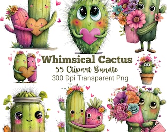 55 Whimsical Cactus Clipart Bundle, Watercolor Cactus PNG, Desert Plant Illustration, Boho Succulent Clipart Bundle, Cute Green Cactus PNG