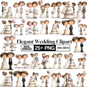 Könnte beinhalten: Aquarell-Clipart-Set mit verschiedenen Hochzeitsszenen mit Paaren, Kuchen und Luftballons. Der Text "Elegant Wedding Clipart" wird zusammen mit "DIGITAL DOWNLOAD" und "25+ PNG" angezeigt. Die Bilder sind in einem skurrilen Cartoon-Stil gehalten.