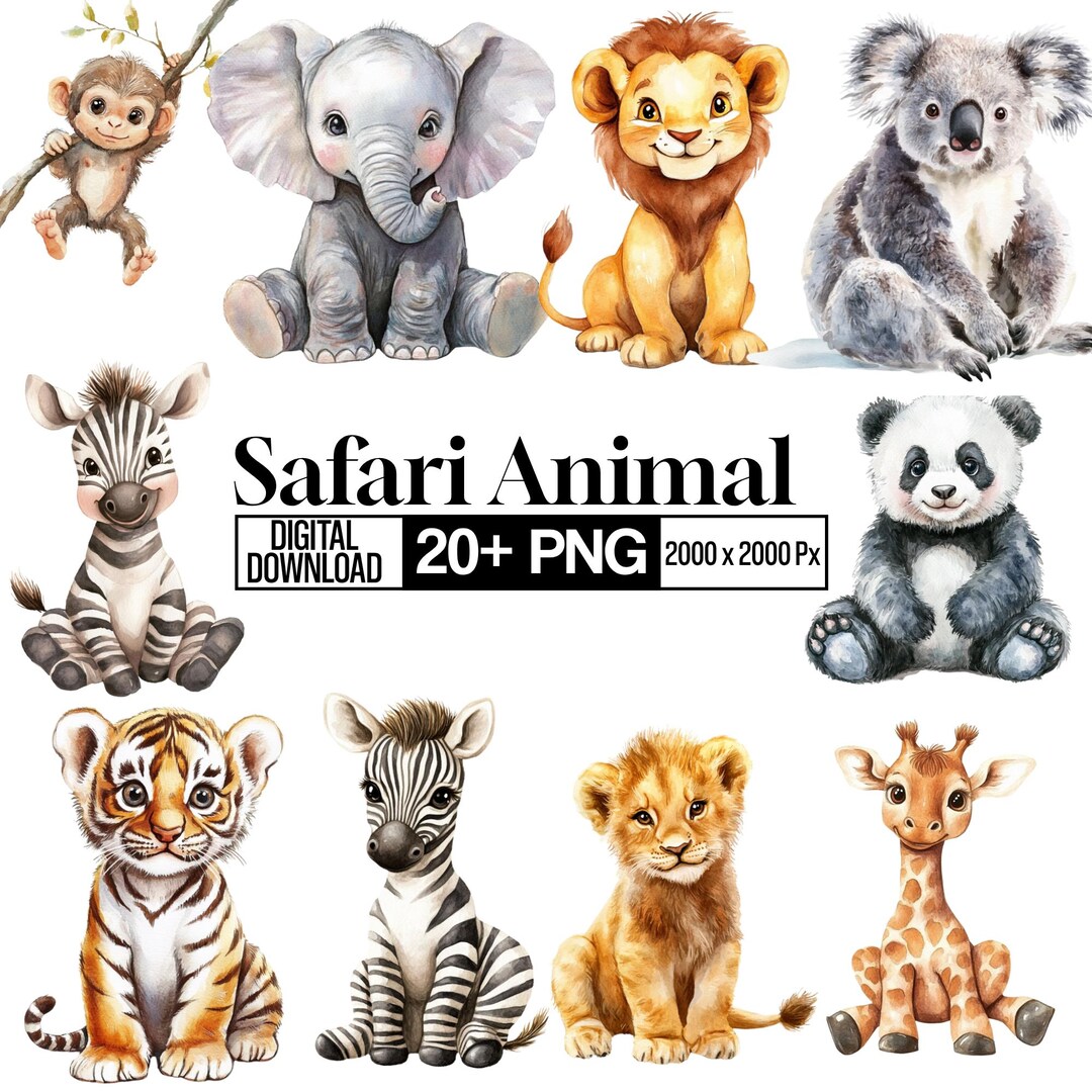 20+ Safari Animal Clipart Bundle, Watercolor Animals Png, Cute Jungle ...