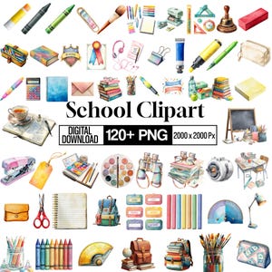 Könnte beinhalten: Aquarell-Illustration von Schulmaterialien, darunter Bleistifte, Buntstifte, Bücher und ein Rucksack. Der Text "School Clipart" wird zusammen mit "Digital Download 120+ PNG 2000 x 2000 Px" angezeigt.