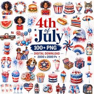 100+ 4th of July Clipart PNG Bundle, USA Independence Day Graphics, Patriotic Stars Fireworks Elements, Transparent Pngs, Digital Download