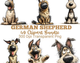 German Shepherd Clipart Bundle, Whimsical Dog PNG, Cute Puppy Clipart, Funny Dog Graphics, Cute Pet, Sublimation Design, Digital Download