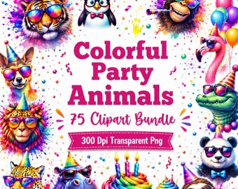 Party Tiere Clipart PNG Bundle, 70+ bunte Geburtstag Tiere Partyhut Sonnenbrillen, Kinder Party Clipart, Instant Download, digitaler Download