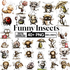 May include: A collection of whimsical insect illustrations featuring various characters like bees, ladybugs, and snails engaged in activities such as eating pizza, holding umbrellas, and playing violins, with the text Funny Insects Digital Download 40+ PNG.