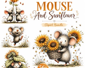 56 Maus und Sonnenblume PNG Bundle, süße Tier Clipart, Sublimationsdesign, Aquarell Blumenmaus, Kinderzimmer Dekor, digitaler Download