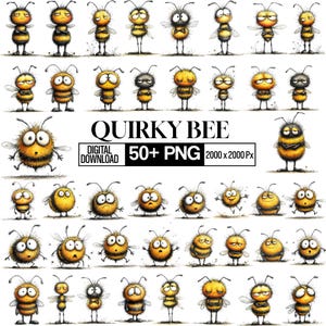 May include: A collection of whimsical cartoon bees in various poses and expressions. The bees are primarily yellow and black, with expressive eyes and antennae. The image includes the text "Quirky Bee" and "50+ PNG".