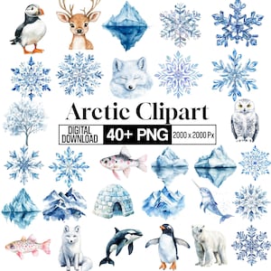 Könnte beinhalten: Eine Sammlung von Aquarell-Arktis-Clipart mit verschiedenen Tieren, Schneeflocken und Landschaften. Enthält einen Papageientaucher, ein Reh, einen Fuchs, eine Eule, einen Pinguin, einen Eisbären und einen Orca. Der Text "Arctic Clipart" wird angezeigt.