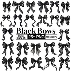 25+ Schwarze Schleifen Clipart Bundle, Schwarze Bänder Pngs, Ästhetische Kokette Grafiken, Aquarell Bögen Bilder, Party Bögen, Digital Download
