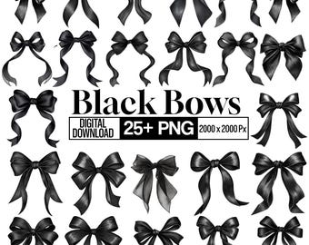 25+ Black Bows Clipart Bundle, Black Ribbons Pngs, Aesthetic Coquette Graphics, watercolor bows Images, Party Bows,  Digital Download