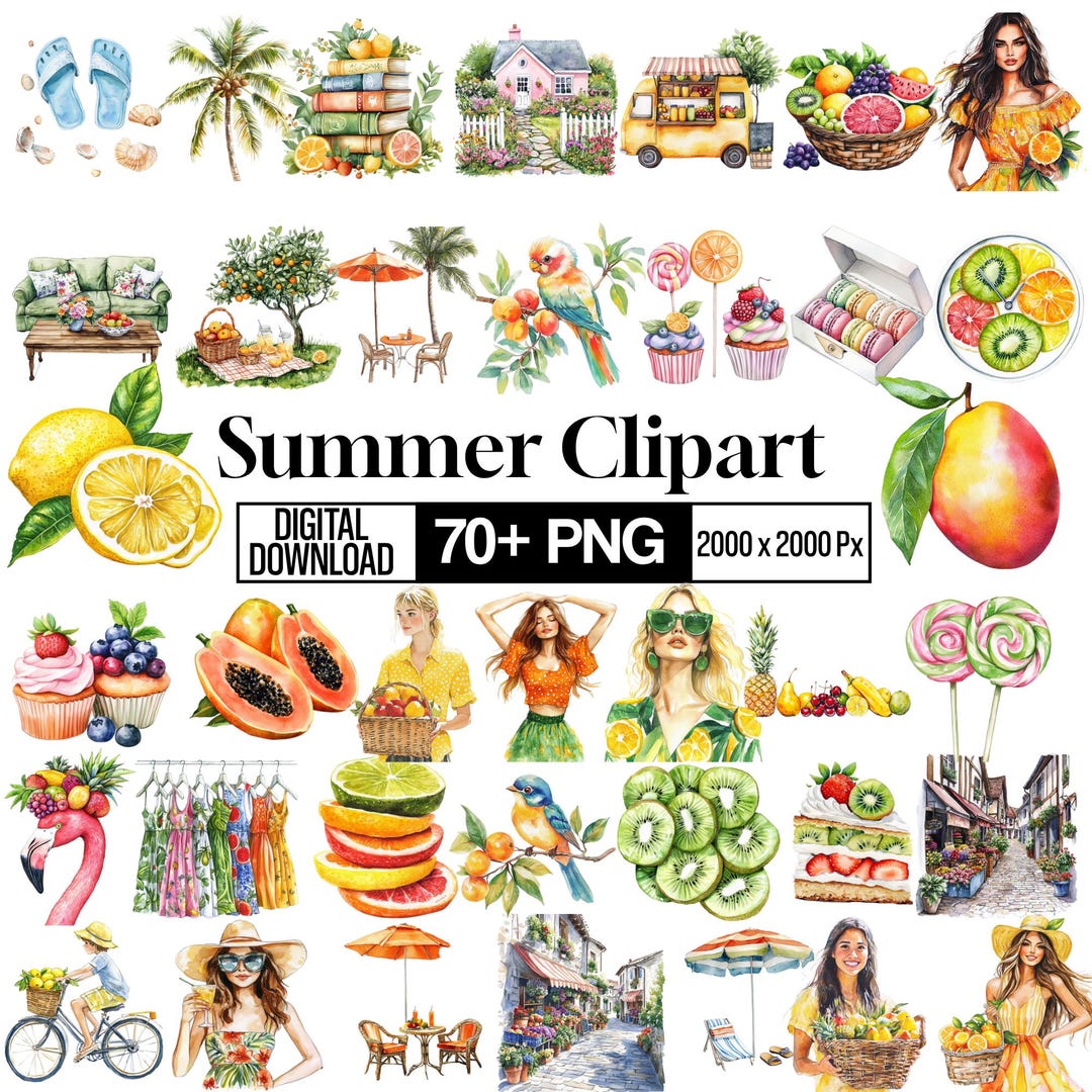 Watercolor Summer Clipart Bundle, Tropical Beach SVG, Summer Vacation ...