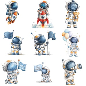 May include: A collection of watercolor illustrations featuring cartoon astronauts in white and blue space suits. Some astronauts hold flags, rockets, balloons, or a teddy bear. One astronaut kneels with a banner that reads "Happy Birthday."
