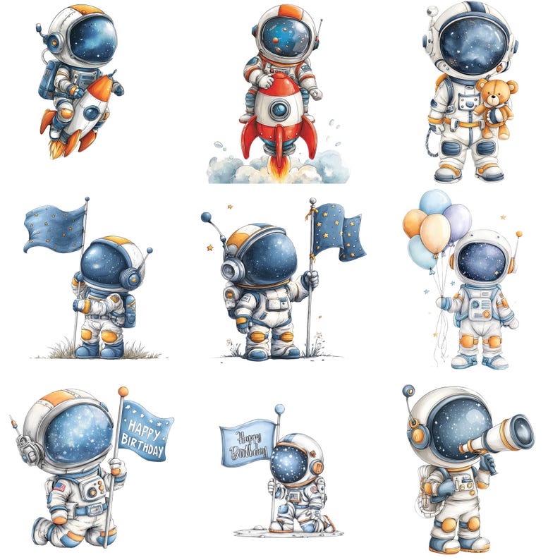 May include: A collection of watercolor illustrations featuring cartoon astronauts in white and blue space suits. Some astronauts hold flags, rockets, balloons, or a teddy bear. One astronaut kneels with a banner that reads "Happy Birthday."