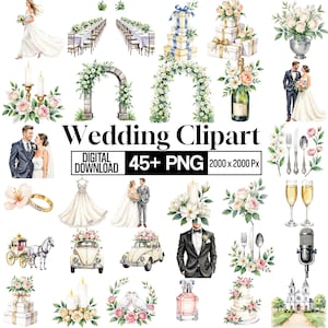 May include: Watercolor wedding clipart featuring various elements such as a bride in a white dress, a groom in a suit, floral arches, tables, gifts, a cake, and a vintage car. The text "Wedding Clipart" is displayed prominently.