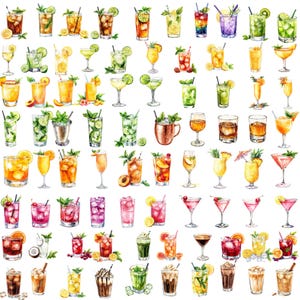 May include: Watercolor illustration of various cocktails, including mojitos, martinis, and tropical drinks. The drinks are in different glasses and garnished with fruit, mint, and straws. The image has a white background.