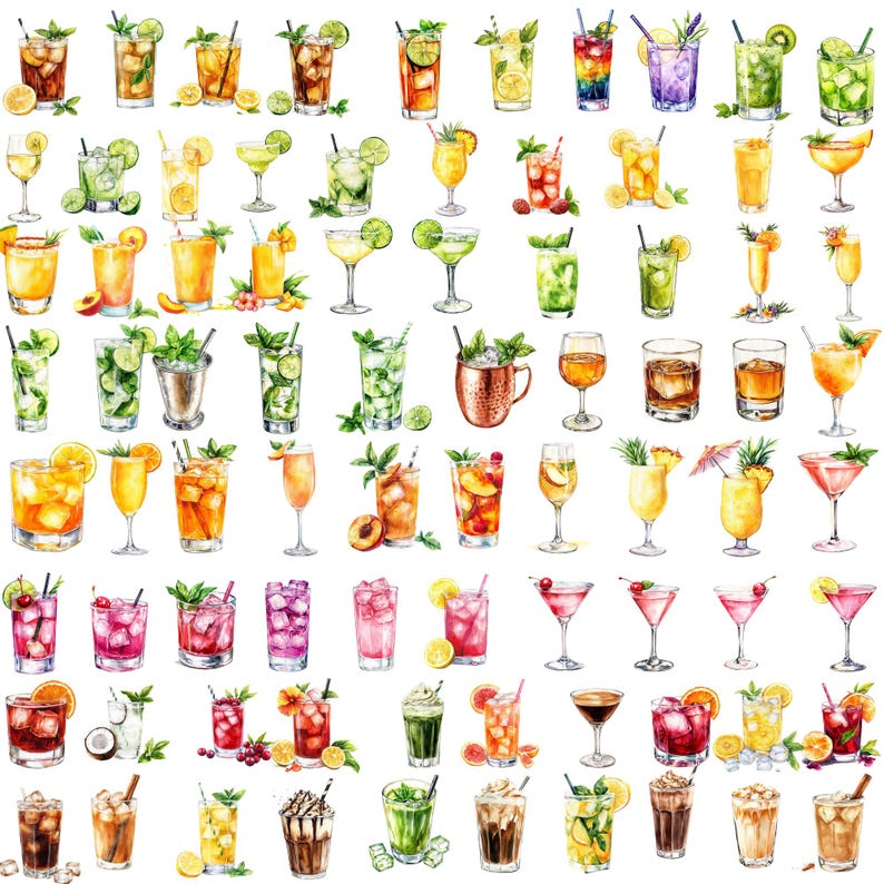 May include: Watercolor illustration of various cocktails, including mojitos, martinis, and tropical drinks. The drinks are in different glasses and garnished with fruit, mint, and straws. The image has a white background.