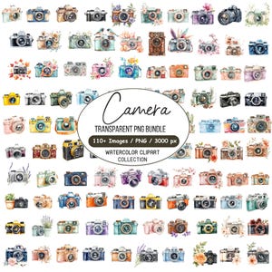 Könnte beinhalten: Eine Sammlung von Aquarell-Clipart-Bildern von Kameras in verschiedenen Farben und Stilen. Das Bild enthält Kameras mit floralen und botanischen Akzenten. Der Text "Camera" und "TRANSPARENT PNG BUNDLE" sind ebenfalls sichtbar.