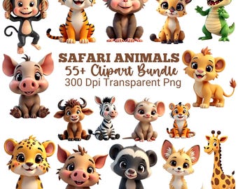 Safari Baby Animals bundle, Cute Animal Clipart, Watercolor Cute Animal PNGs, Nursery Print, Zoo Animals Clipart, Digital Download