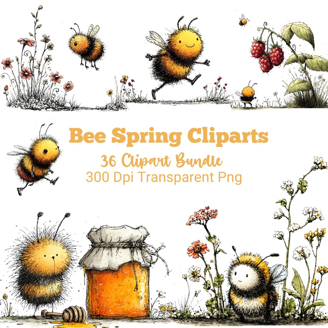 36 Bee Spring Clipart Bundle, Watercolor Bee PNG, Floral Garden ...