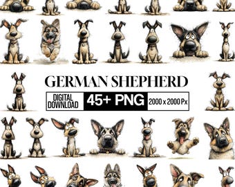 German Shepherd Clipart Bundle, Whimsical Dog PNG, Cute Puppy Clipart, Funny Dog Graphics, Cute Pet, Sublimation Design, Digital Download