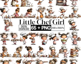 65+ Little Girl Chef Clipart Bundle, süßes Kochen Mädchen PNG, Kinder Bäcker Illustration, Küchenchef Charakter, Backen Design, digitaler Download
