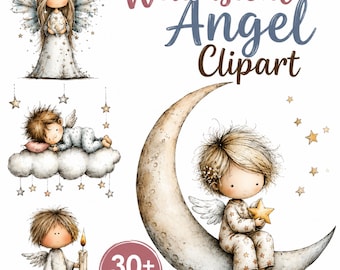 30+ Whimsical Angel Clipart Bundle, niedlicher Engel PNG, himmlische Aquarell Illustrationen, himmlische Fantasy Clipart, digitaler Download