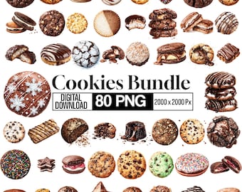80 Cookies Clipart PNG Bundle,  Sweet Cookie Illustration, Chocolate Chip Biscuit Graphics, Bakery Dessert Clip Art, Digital Download