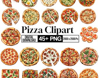 45+ Pizza Clipart PNG Bundle, Fast Food Illustration, niedliche Pizzascheiben Grafiken, italienisches Essen Kunst, Junk-Food-Elemente, digitaler Download